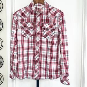 True Religion Mens Western Pearl Snap Shirt - Red Plaid, Size S